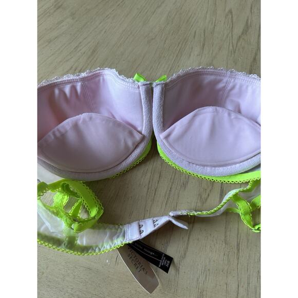 NEW Victoria Secret Sexy Little Things Push Up Bra 36B Pink Neon Green Bows Y2K - Picture 3 of 11